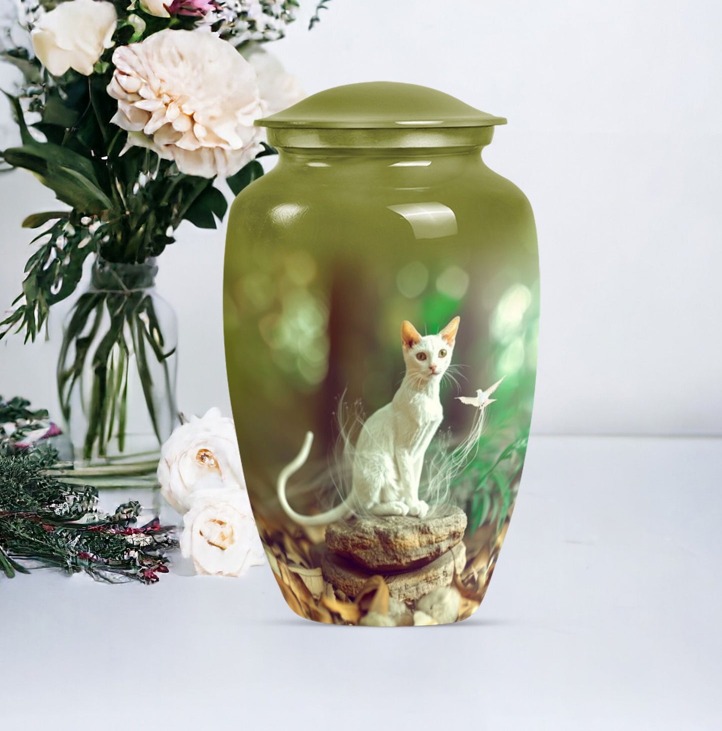 white cat urn for burial ashes