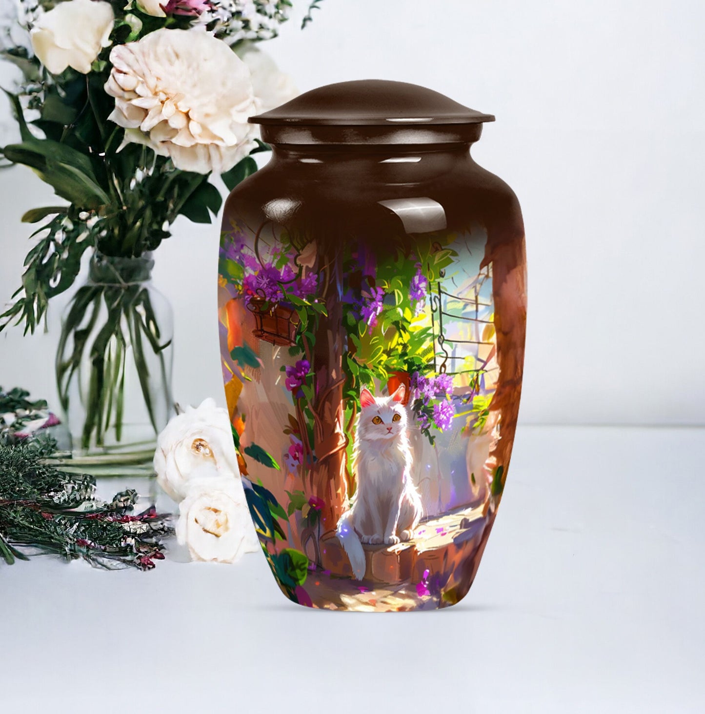 white cat urn
