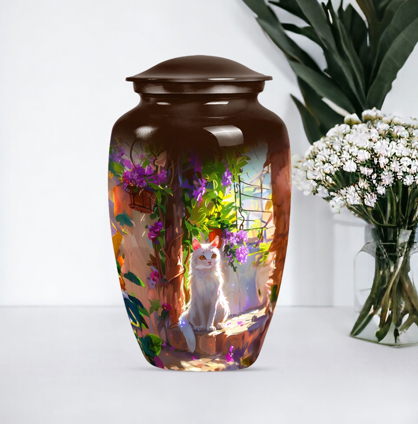 white cat urn
