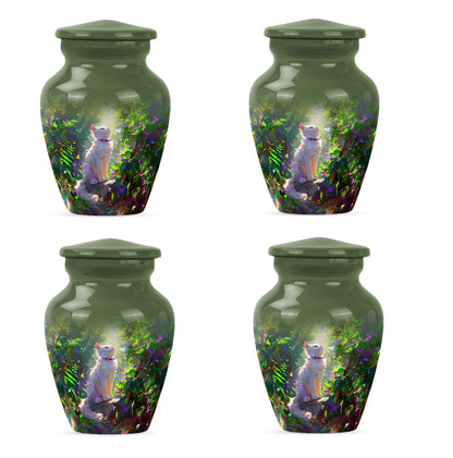 white cat-themed aluminium cremation urn.