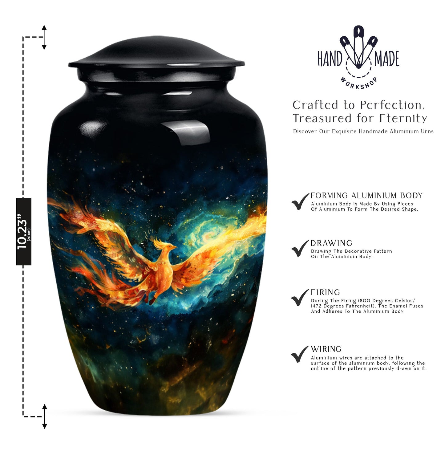Phoenix Urn, classic design, aluminium cremation urn.