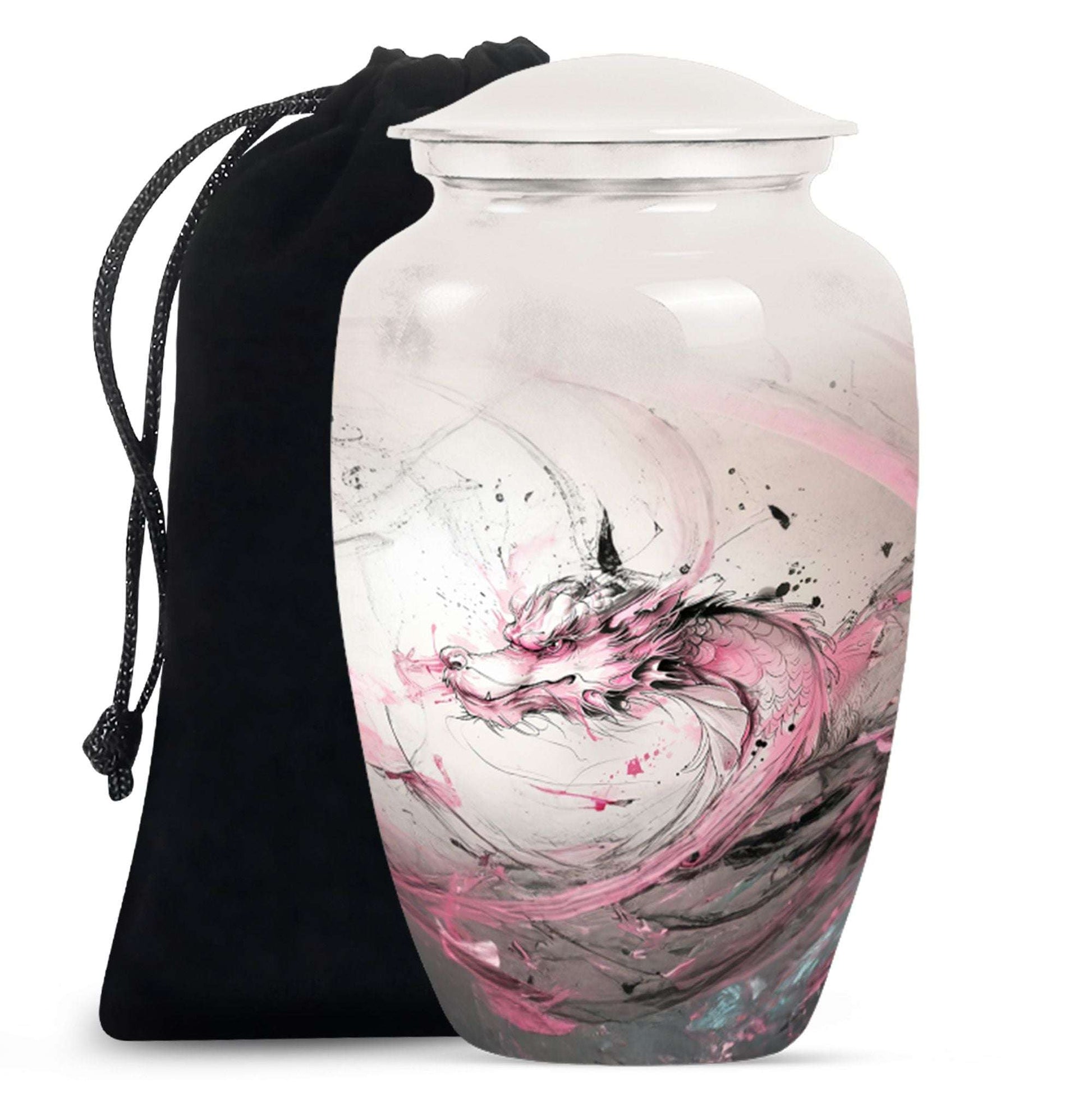 Ceramic urn with pink and black abstract design on a white background