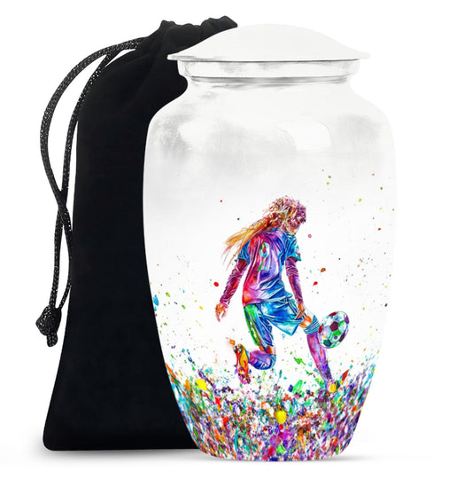 Classic 10-inch soccer-themed aluminium funeral urn.