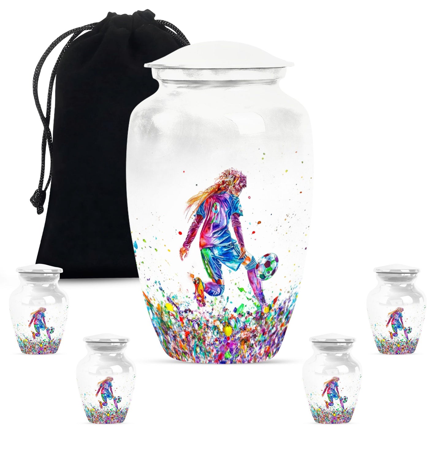 Classic 10-inch soccer-themed aluminium funeral urn.
