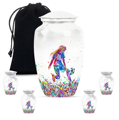 Classic 10-inch soccer-themed aluminium funeral urn.