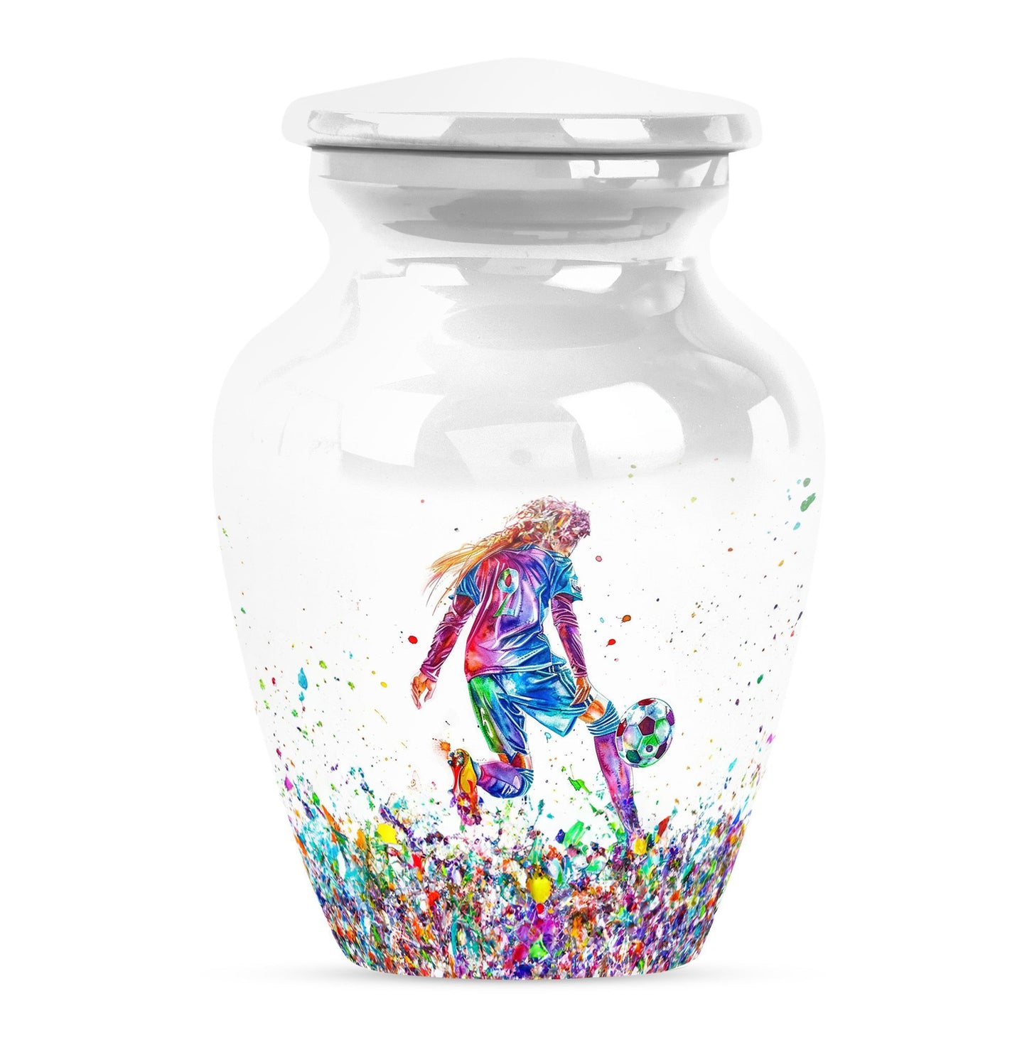 Classic 10-inch soccer-themed aluminium funeral urn.
