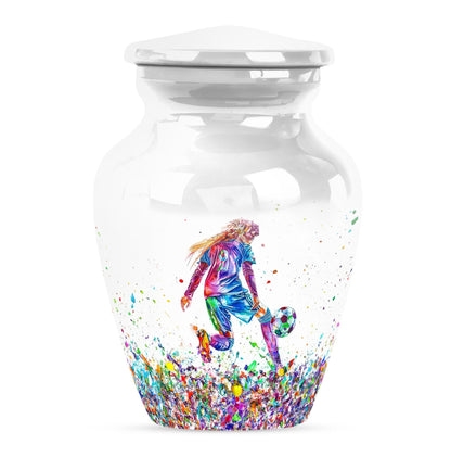 Classic 10-inch soccer-themed aluminium funeral urn.