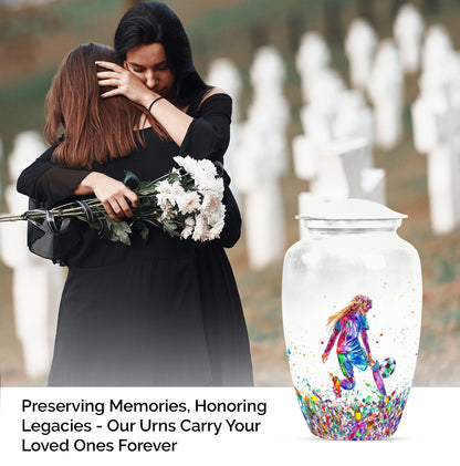 Classic 10-inch soccer-themed aluminium funeral urn.