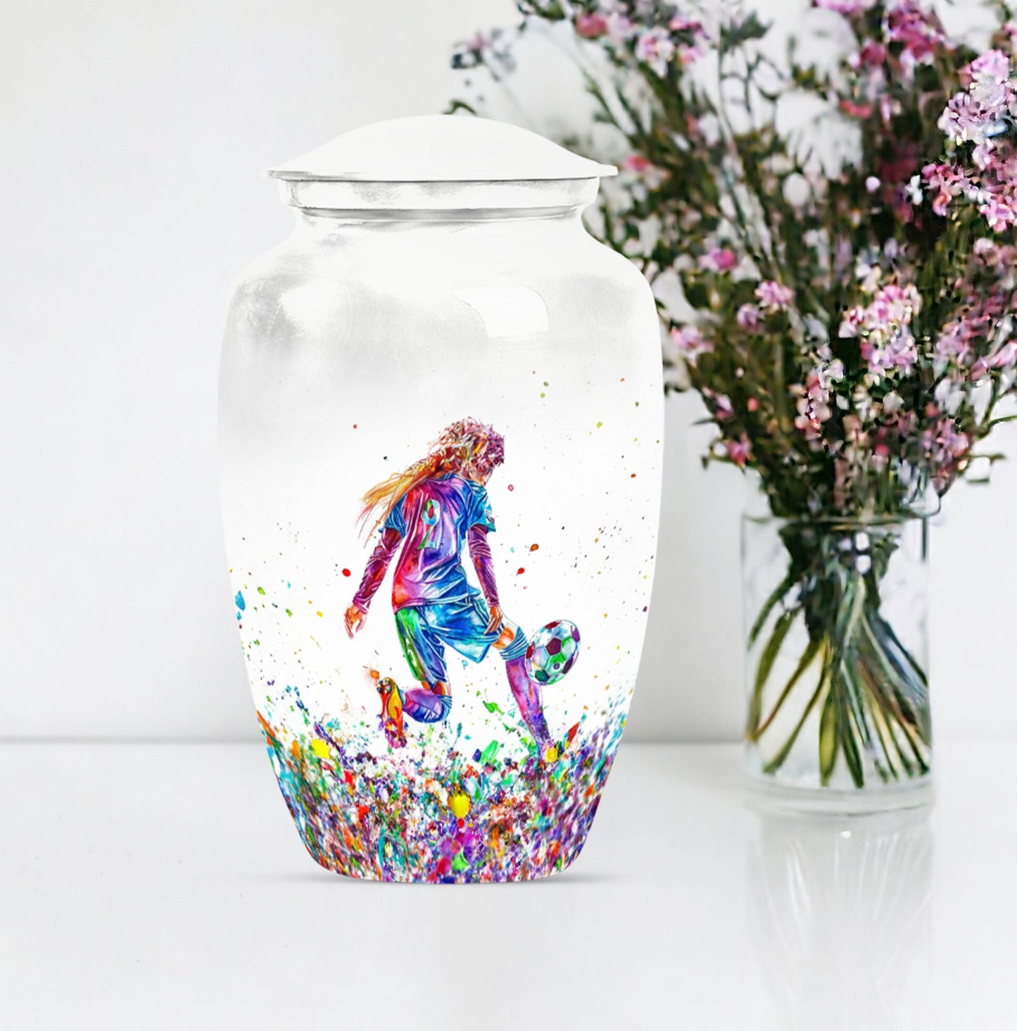Classic 10-inch soccer-themed aluminium funeral urn.