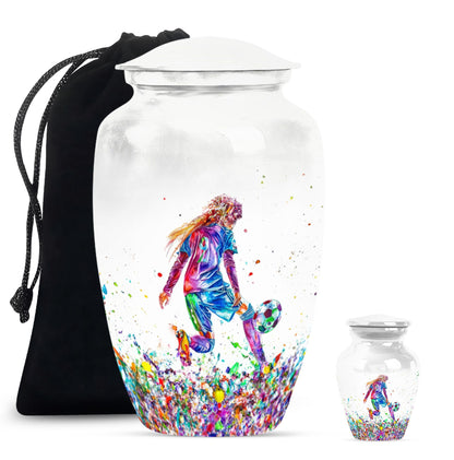 Classic 10-inch soccer-themed aluminium funeral urn.