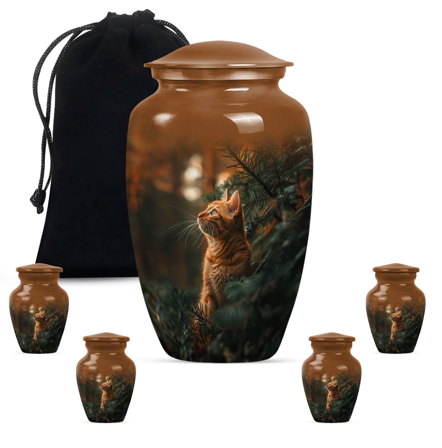 Cat Urn for Pet Ashes, Orange Cat Looking Up Among Pines, Memorial Urn