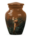 10-inch orange cat funeral urn with abstract design.