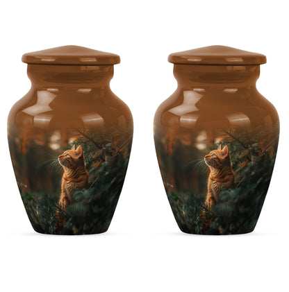 10-inch orange cat funeral urn with abstract design.