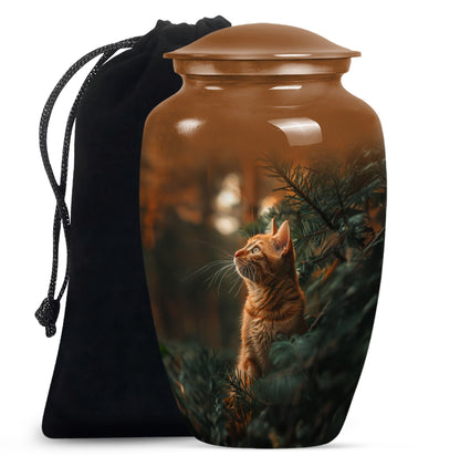 Cat Urn for Pet Ashes, Orange Cat Looking Up Among Pines, Memorial Urn