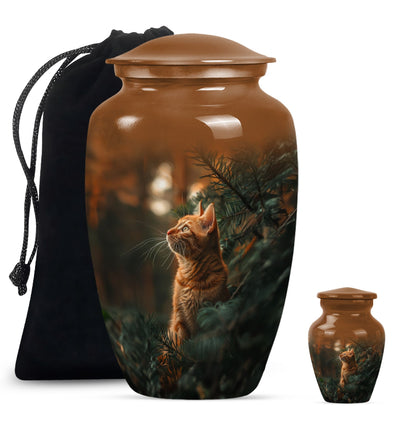 Cat Urn for Pet Ashes, Orange Cat Looking Up Among Pines, Memorial Urn