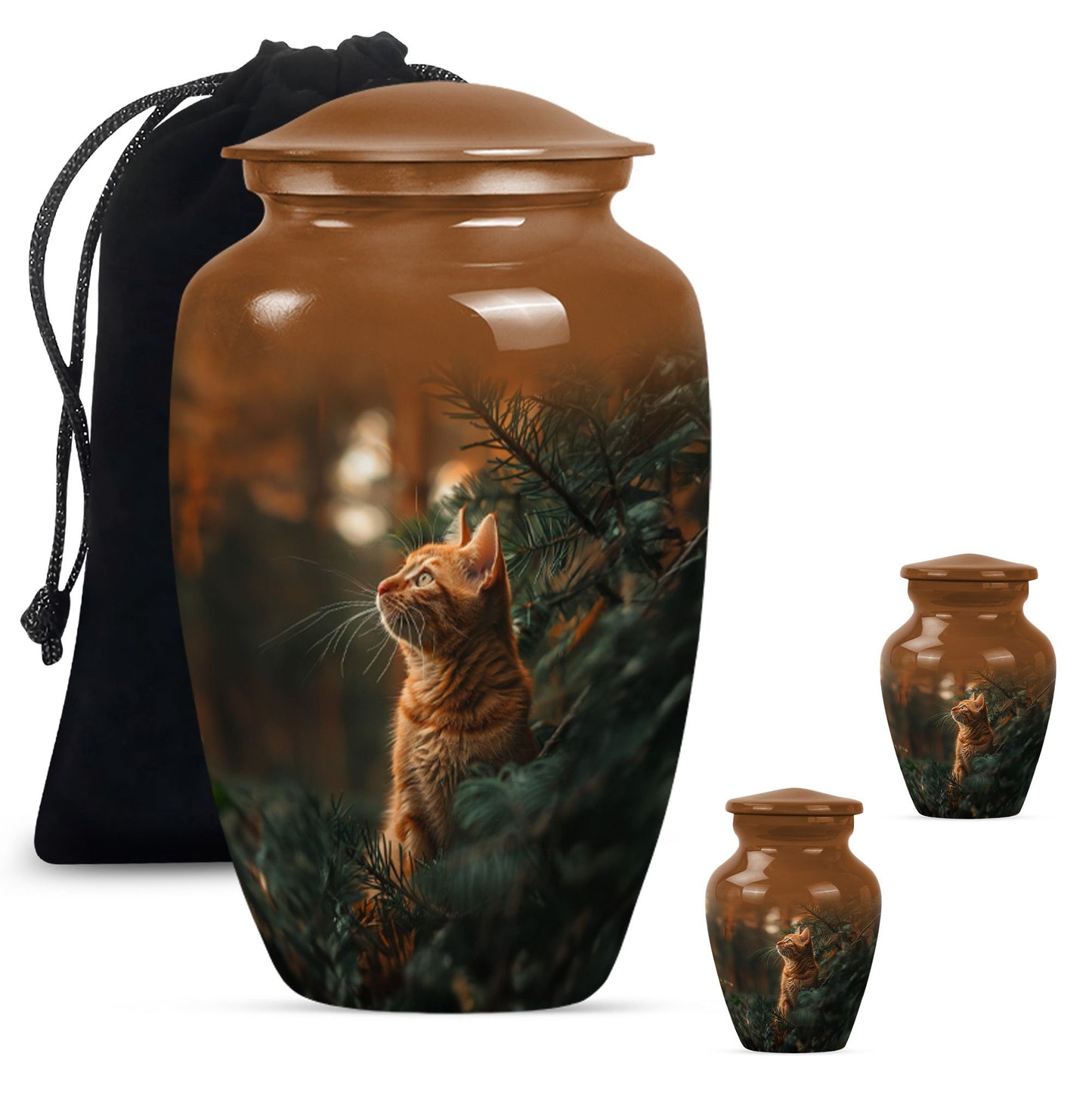 Cat Urn for Pet Ashes, Orange Cat Looking Up Among Pines, Memorial Urn