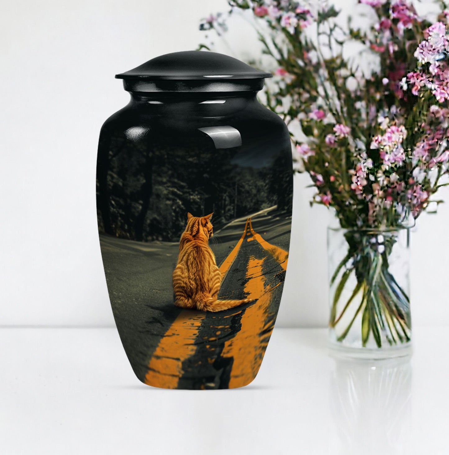 10-inch classic orange cat urn made of aluminium.