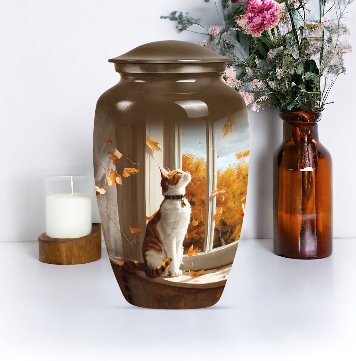orange cat aluminium urn for adult man's cremation ashes