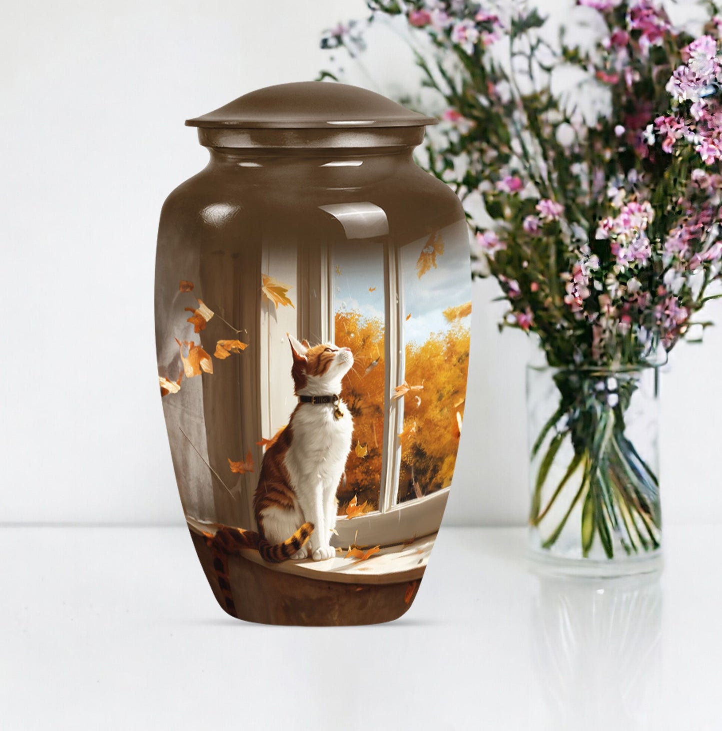orange cat aluminium urn for adult man's cremation ashes