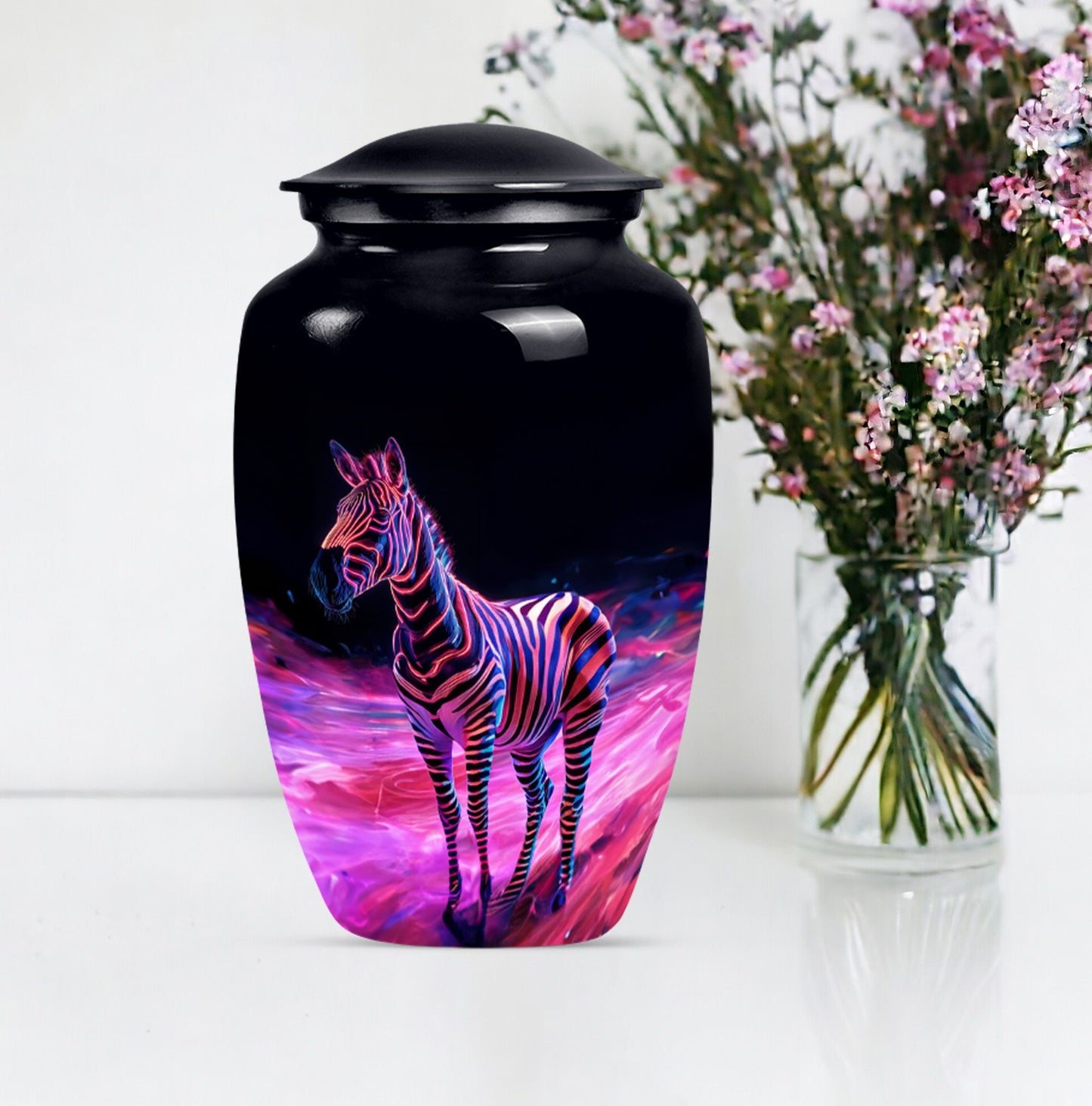 Elegant 10-inch zebra urn for burial cremation.