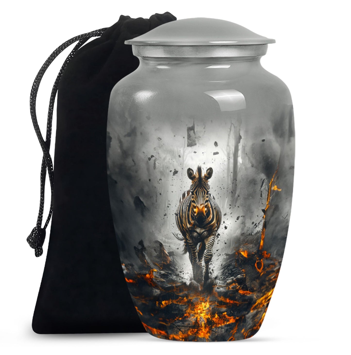Classic zebra urn for adult ashes with personalized engraving.