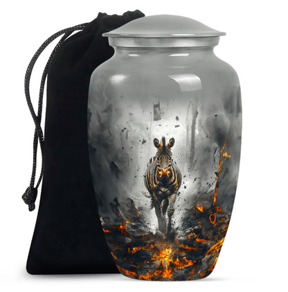 Classic zebra urn for adult ashes with personalized engraving.