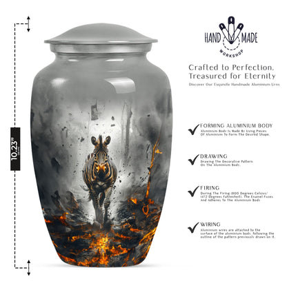 Classic zebra urn for adult ashes with personalized engraving.