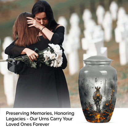 Classic zebra urn for adult ashes with personalized engraving.