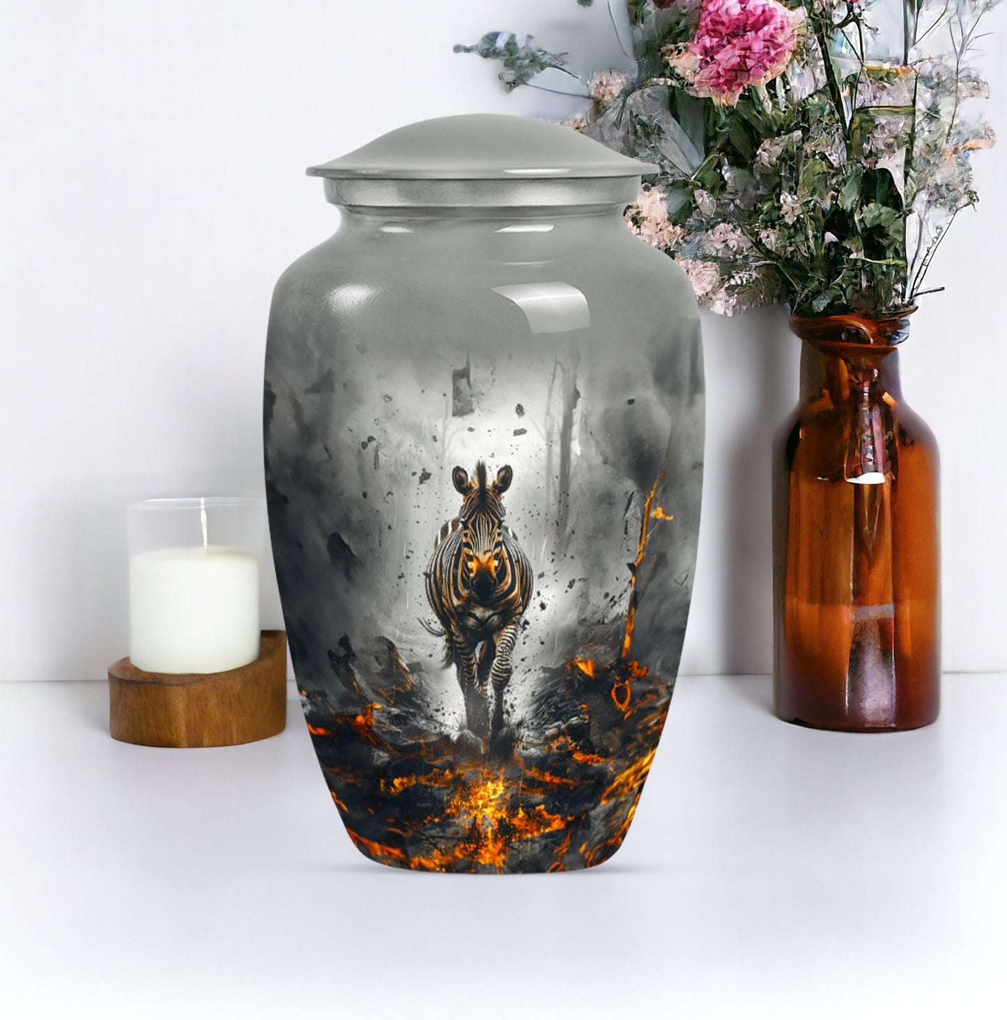 Classic zebra urn for adult ashes with personalized engraving.