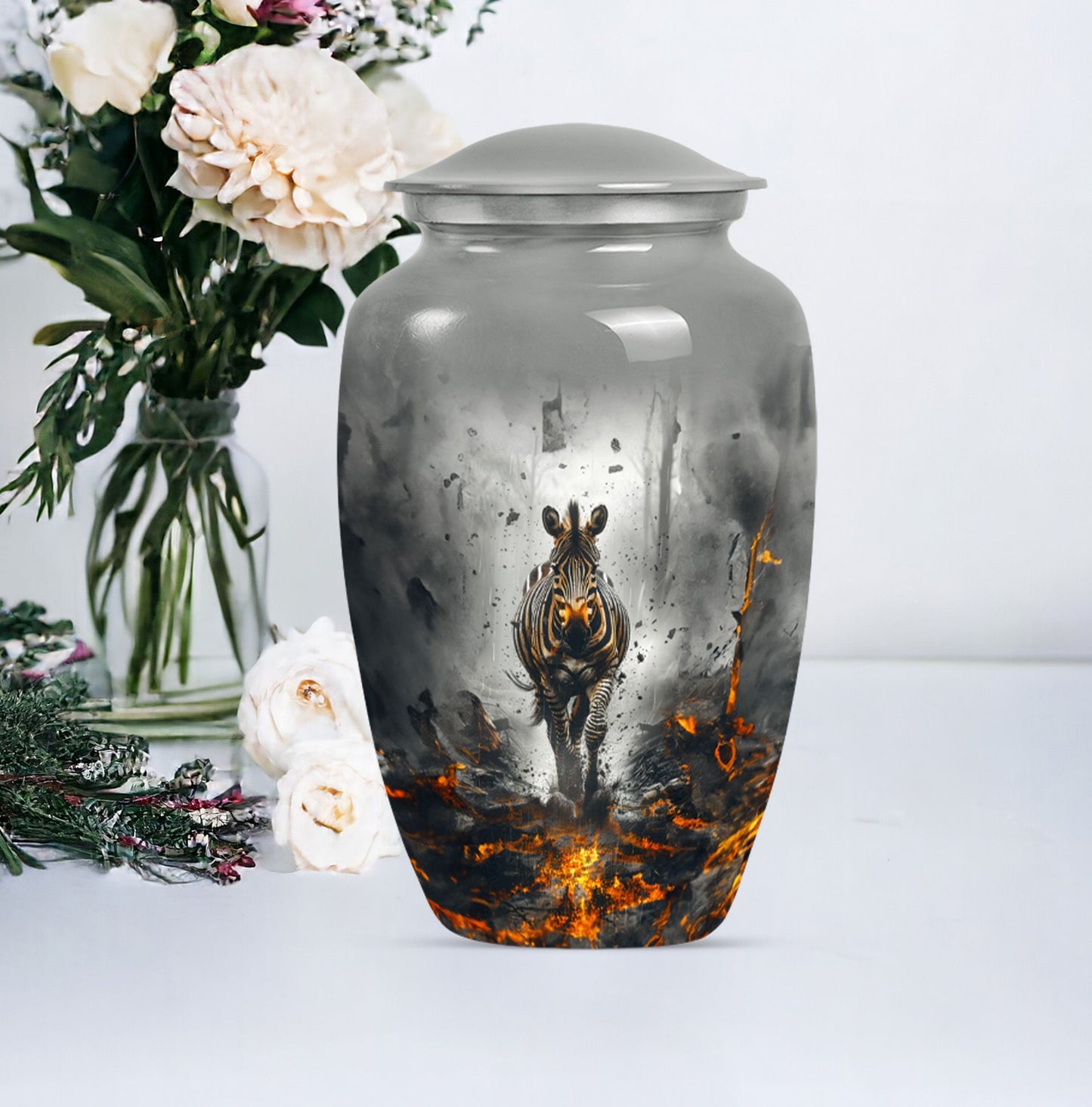 Classic zebra urn for adult ashes with personalized engraving.