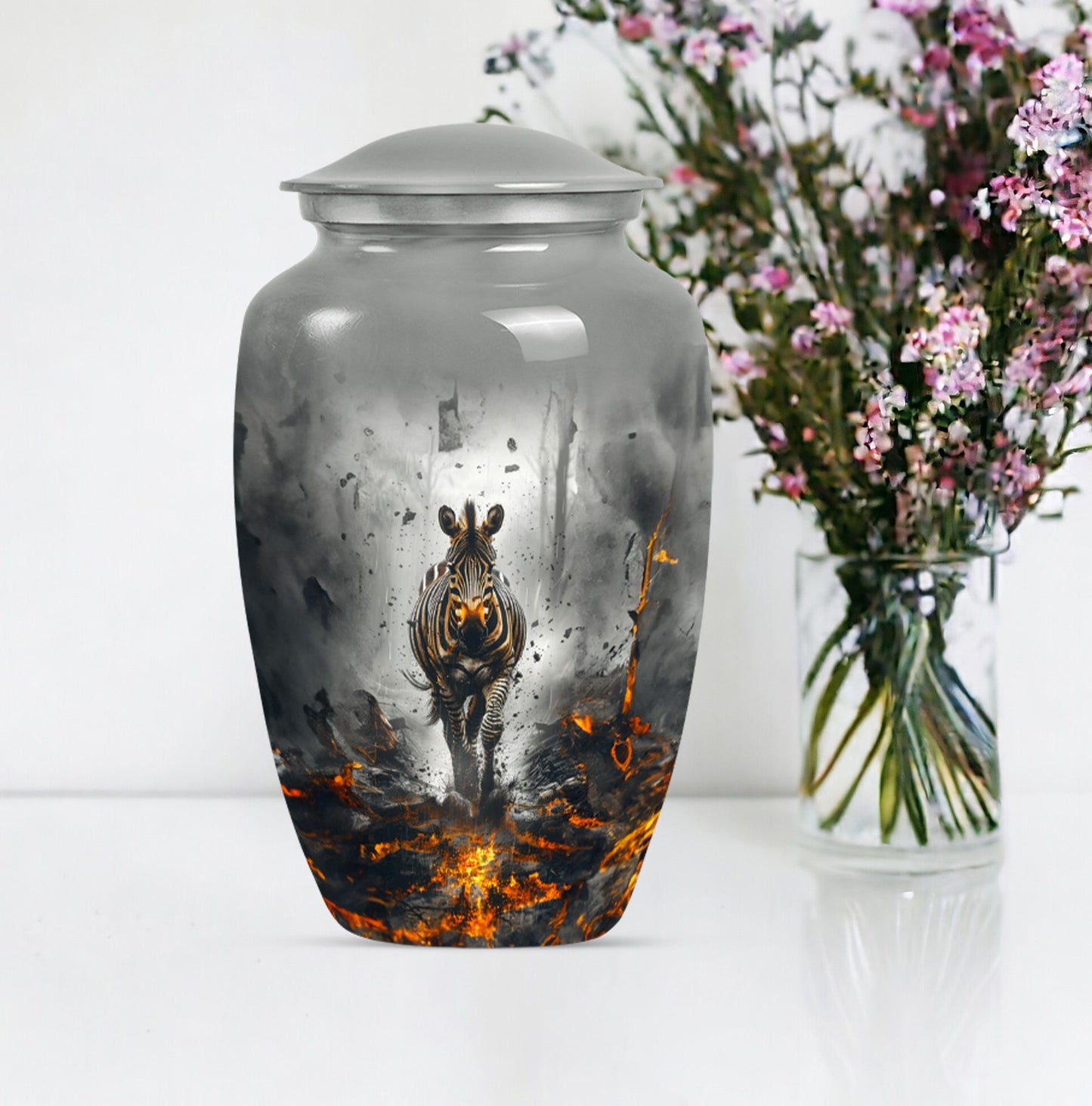 Classic zebra urn for adult ashes with personalized engraving.