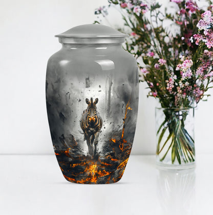 Classic zebra urn for adult ashes with personalized engraving.