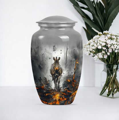 Classic zebra urn for adult ashes with personalized engraving.