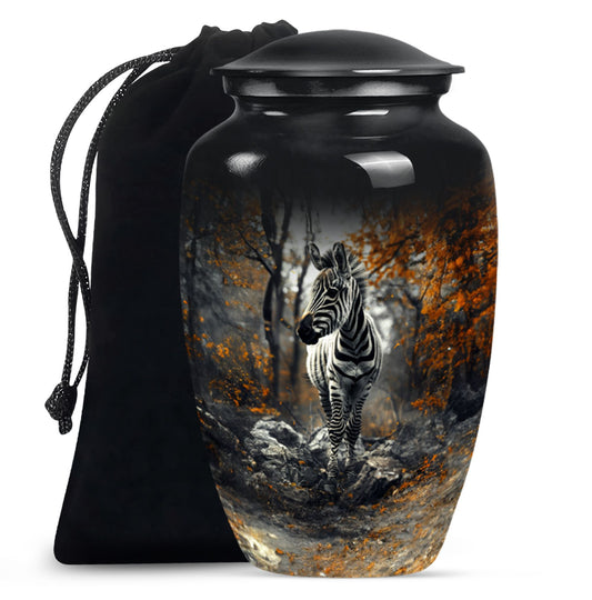classic zebra urn with engraving, suitable for cremation ashes.