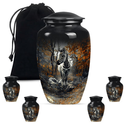 classic zebra urn with engraving, suitable for cremation ashes.