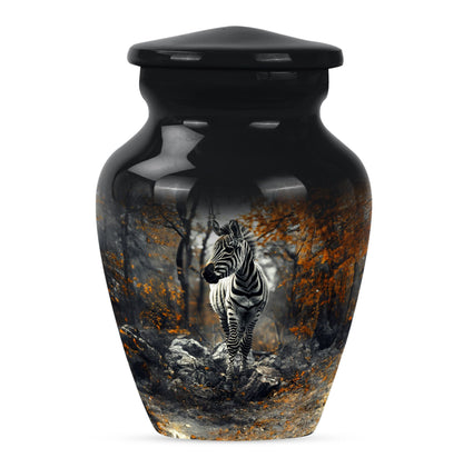 classic zebra urn with engraving, suitable for cremation ashes.