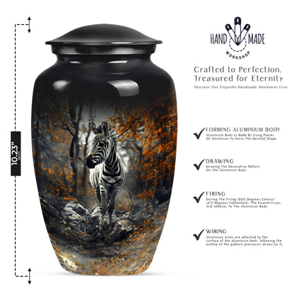 classic zebra urn with engraving, suitable for cremation ashes.
