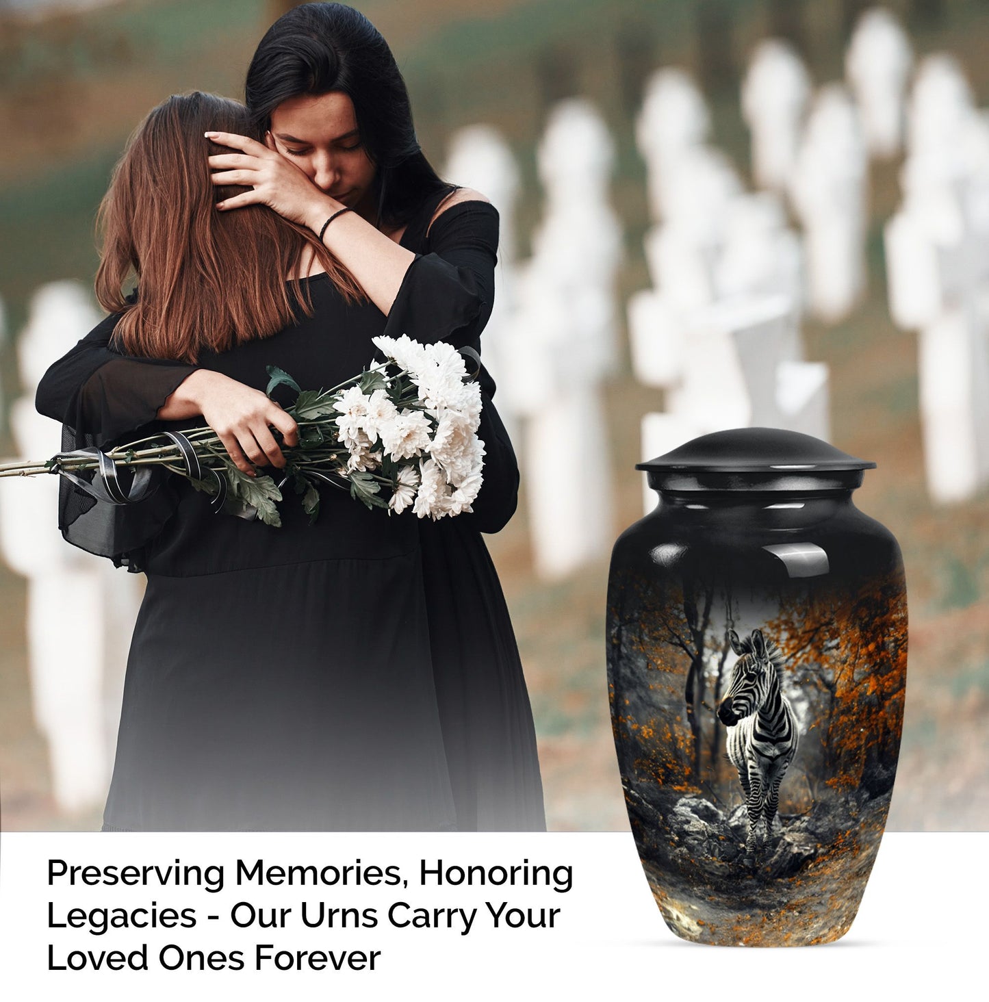 classic zebra urn with engraving, suitable for cremation ashes.