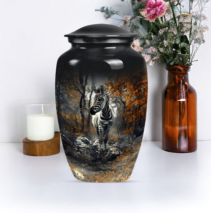 classic zebra urn with engraving, suitable for cremation ashes.