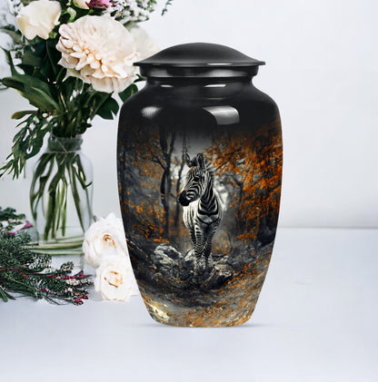 classic zebra urn with engraving, suitable for cremation ashes.