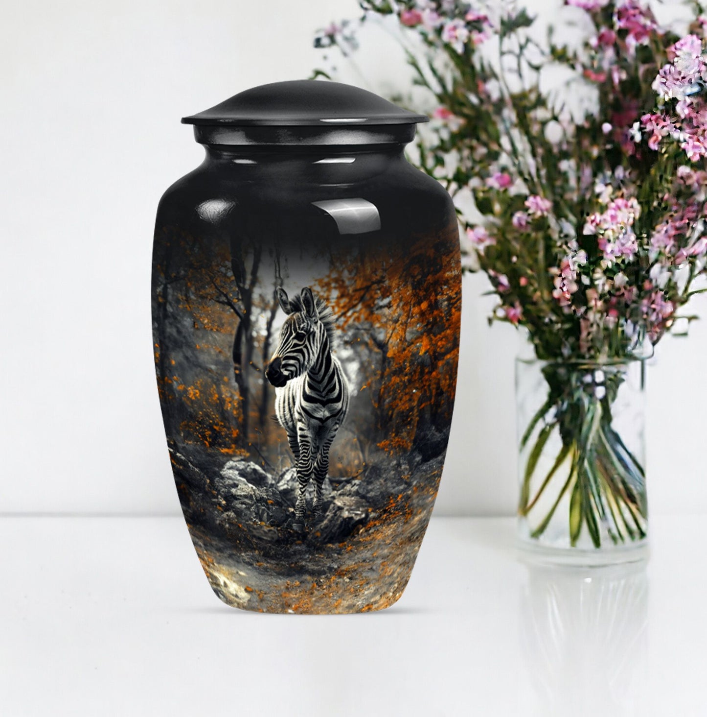 classic zebra urn with engraving, suitable for cremation ashes.