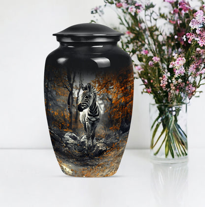 classic zebra urn with engraving, suitable for cremation ashes.