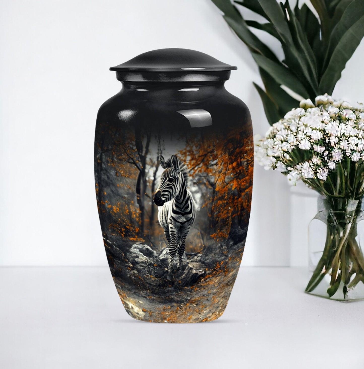 classic zebra urn with engraving, suitable for cremation ashes.