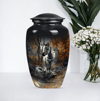 classic zebra urn with engraving, suitable for cremation ashes.