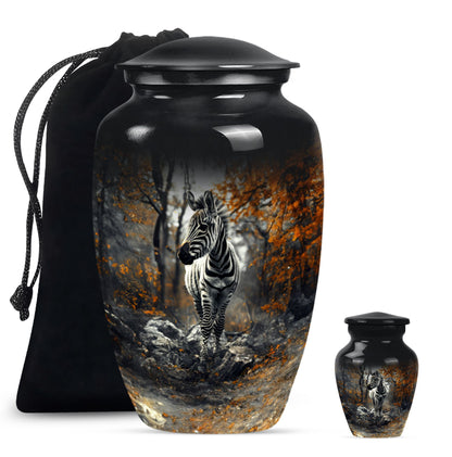 classic zebra urn with engraving, suitable for cremation ashes.