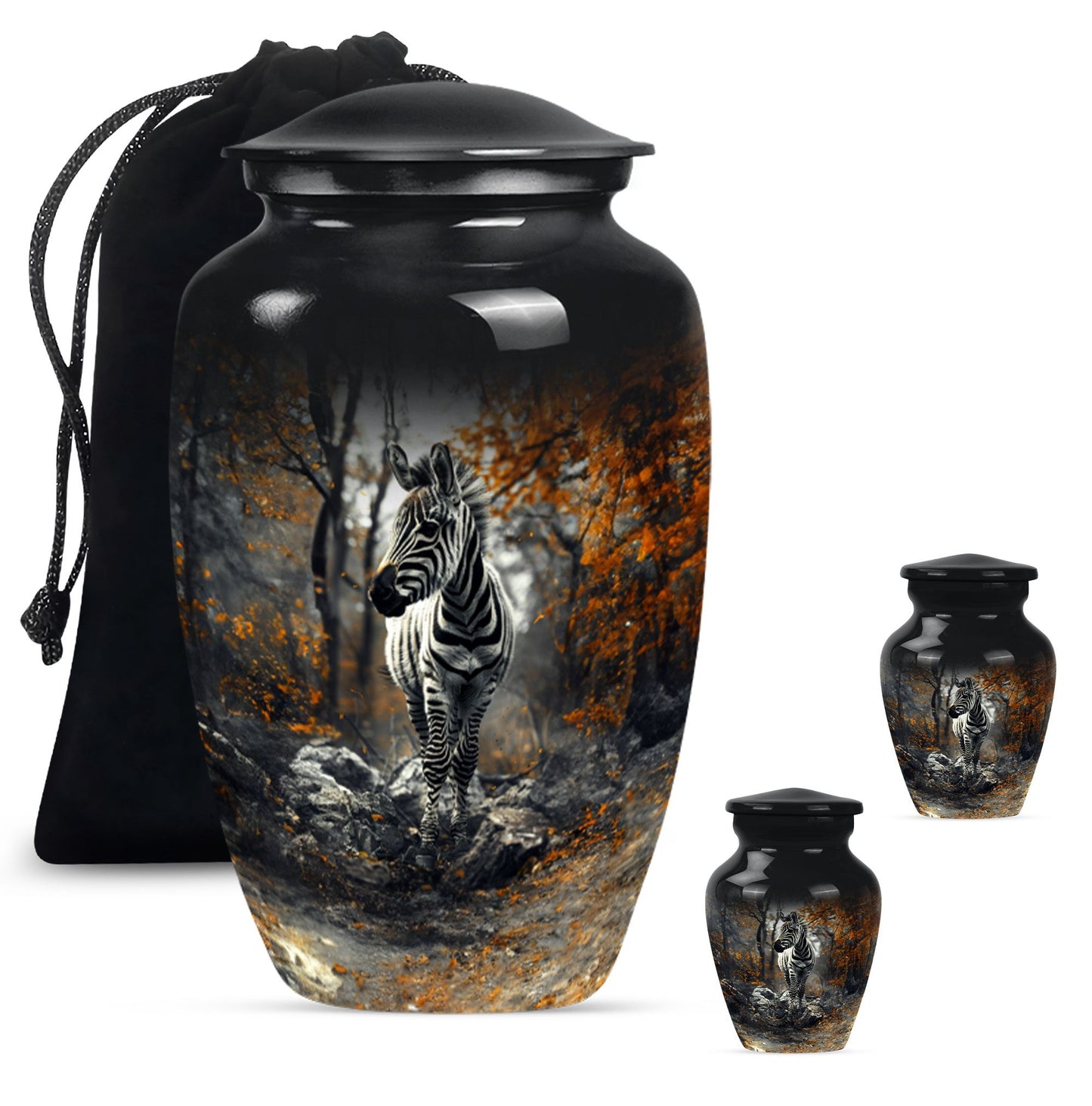 classic zebra urn with engraving, suitable for cremation ashes.