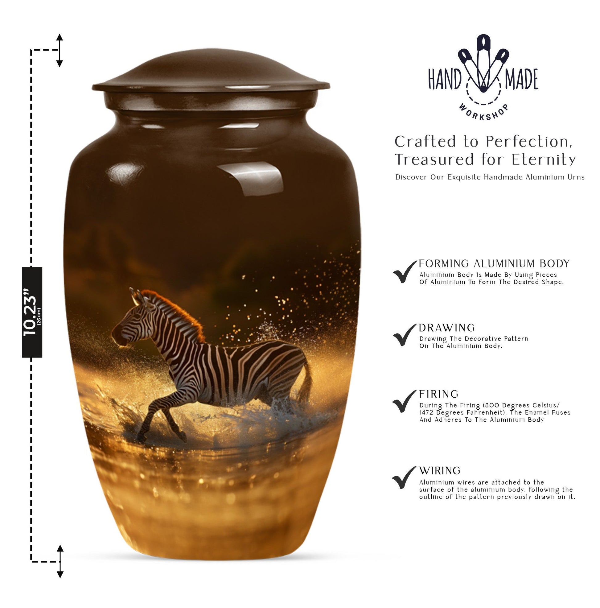Zebra urn for women's cremation, personalized