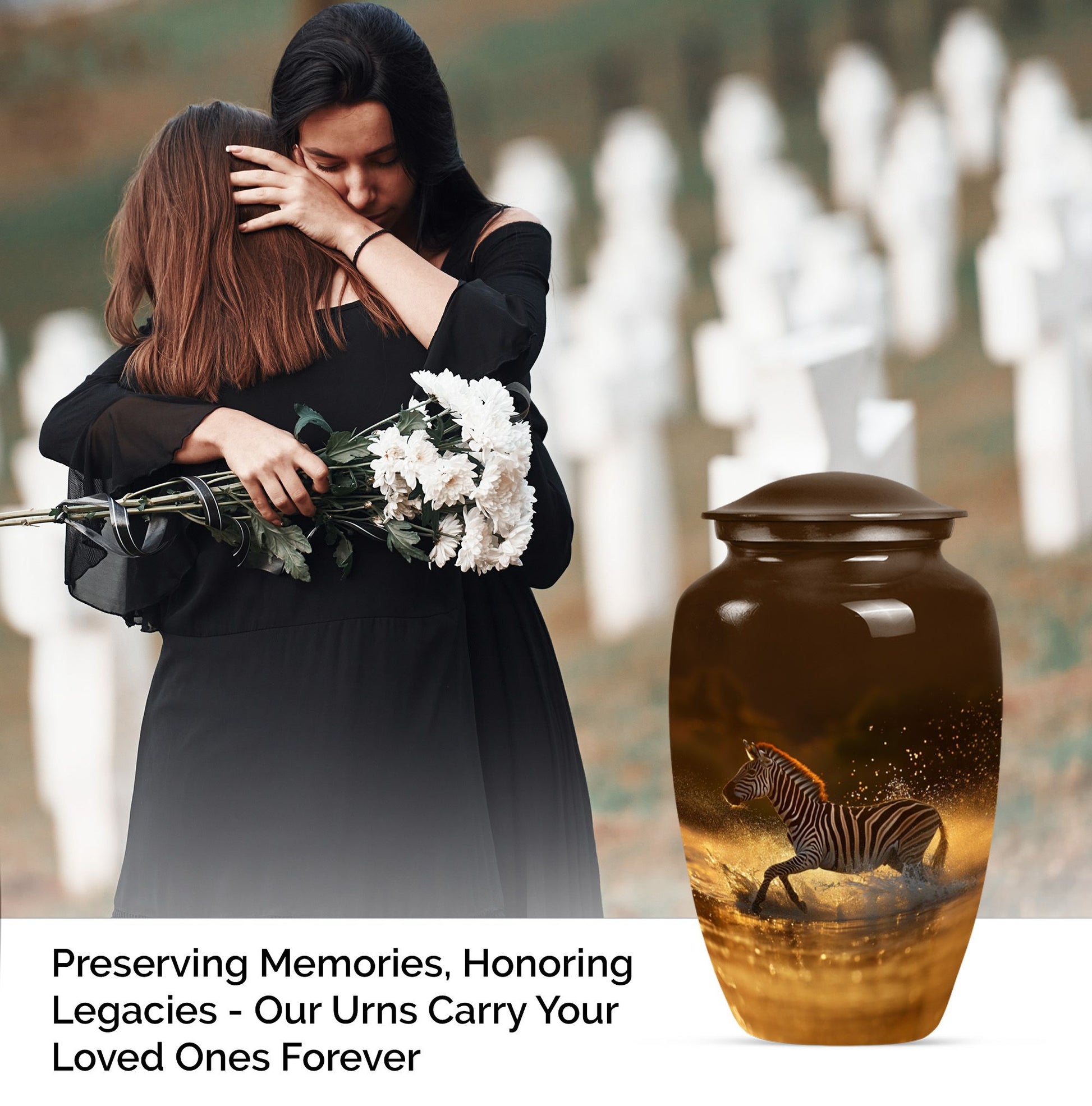Zebra urn for women's cremation, personalized