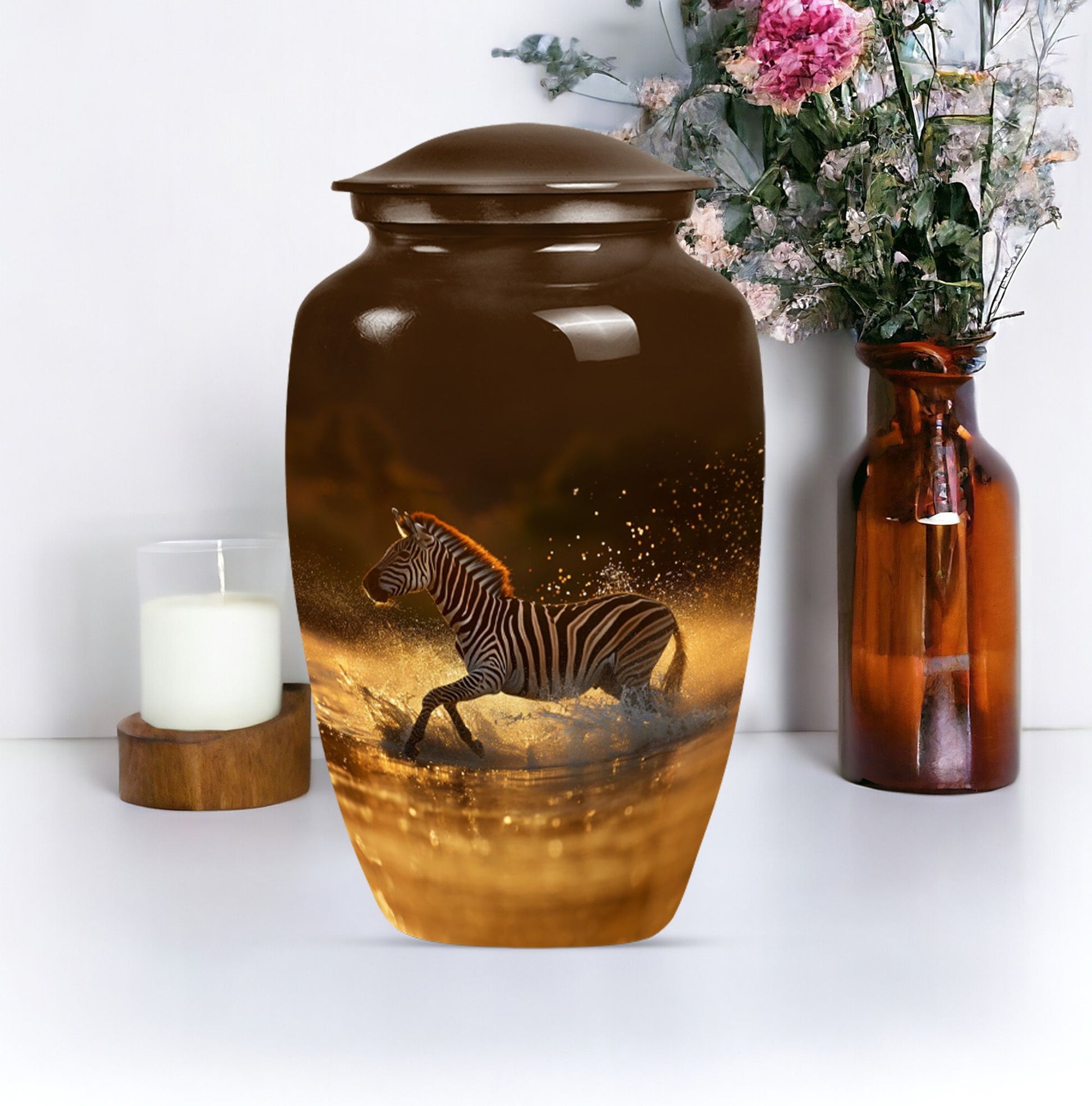 Zebra urn for women's cremation, personalized