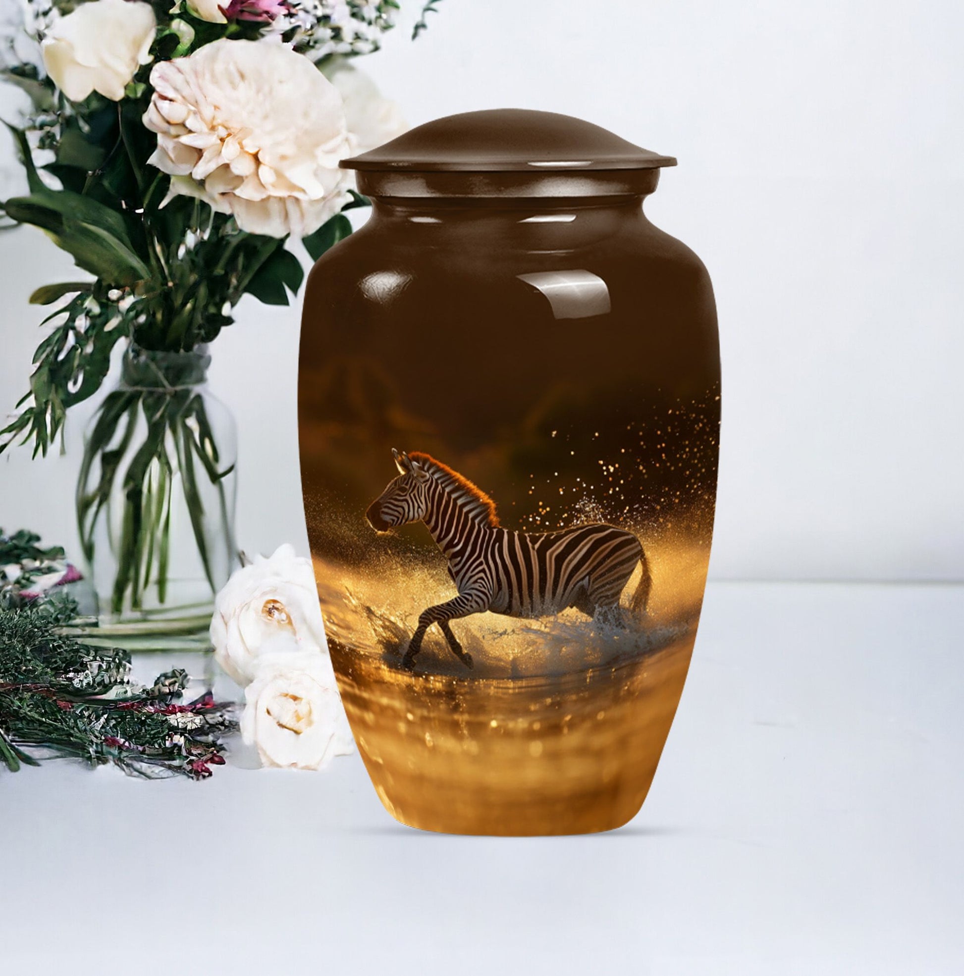 Zebra urn for women's cremation, personalized